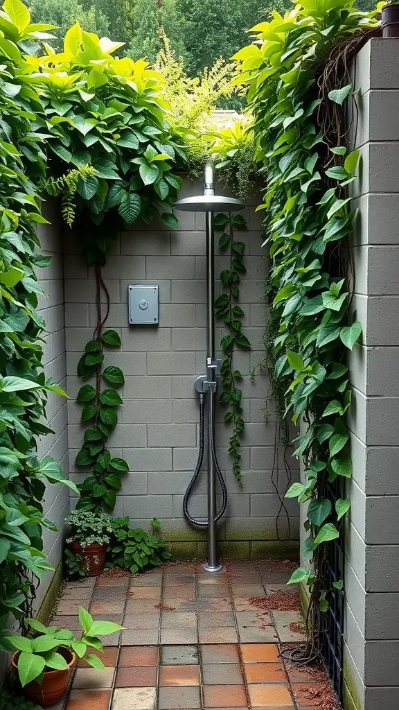 Outdoor shower surrounded by lush green plants for privacy.