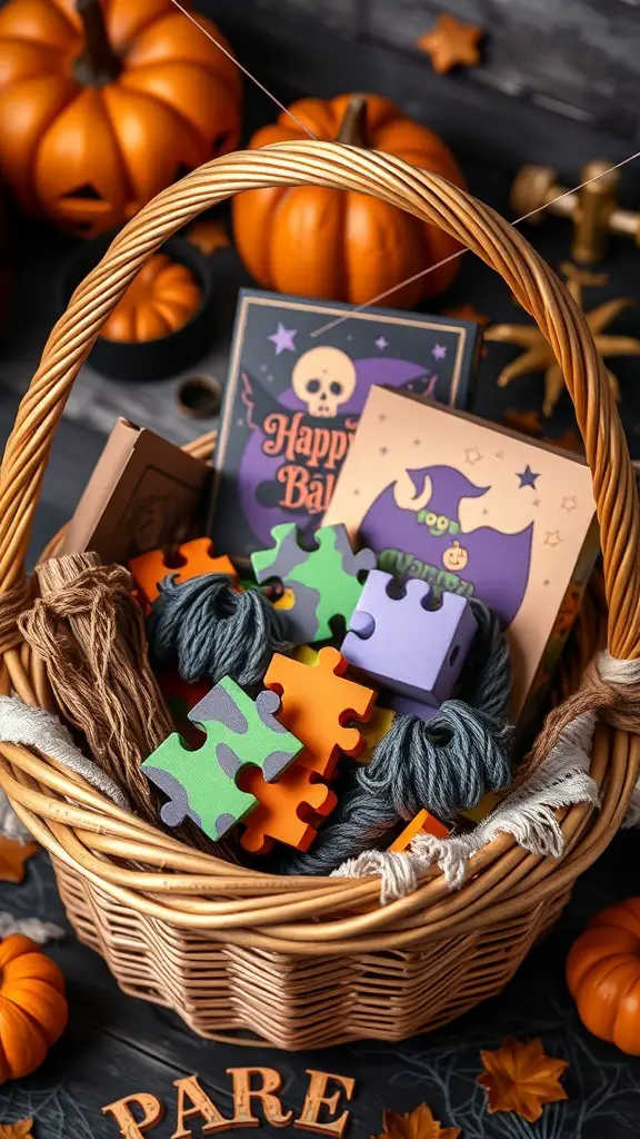27+ Creative Boo Basket Ideas for a Spooktacular Surprise 14 A Halloween themed puzzle basket filled with colorful puzzle pieces, yarn, and festive cards, surrounded by pumpkins.