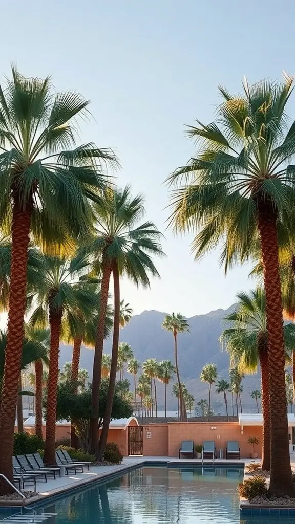 A serene pool area surrounded by tall palm trees and mountains in the background.