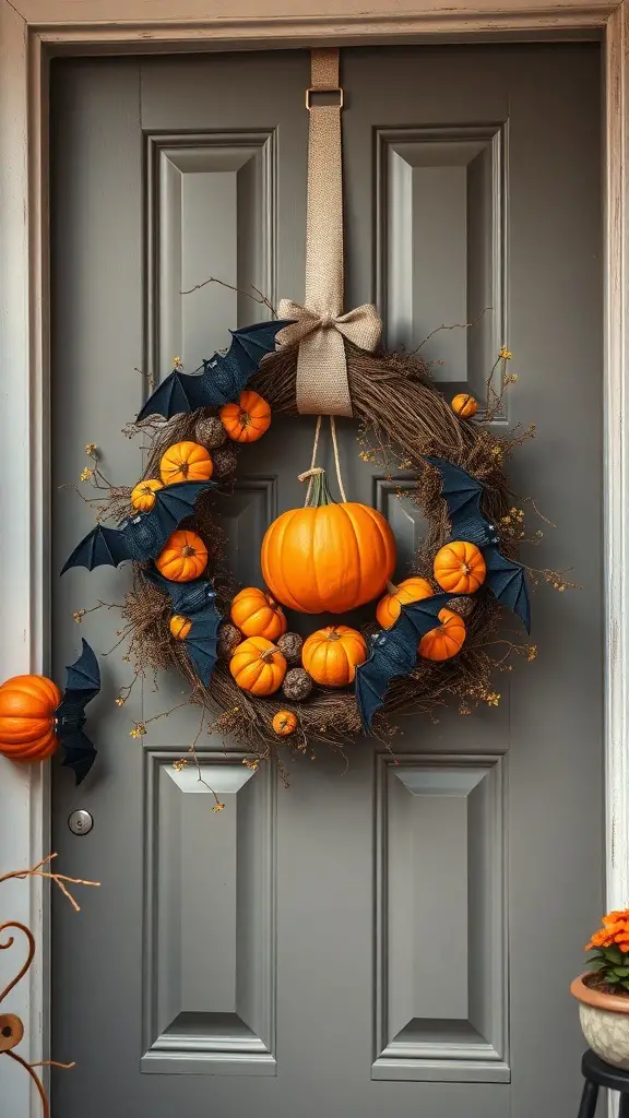 A Halloween wreath featuring orange pumpkins and black bats on a door.