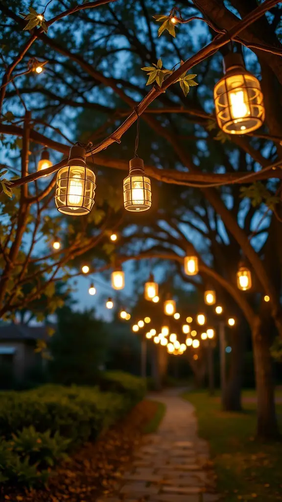 Hanging lanterns and string lights in a garden setting