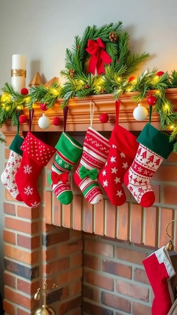 33+ Creative Christmas Mantle Decor Ideas to Transform Your Home 6 A cozy Christmas mantle decorated with colorful stockings and greenery.