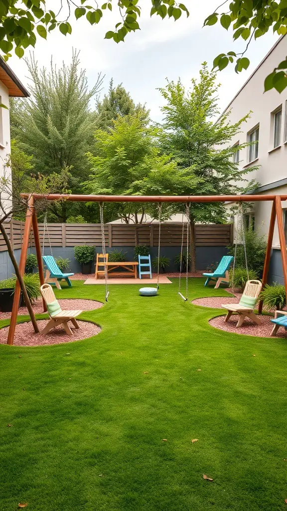 A square backyard with swings, colorful chairs, and lush green grass.