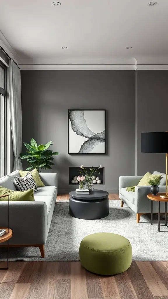 27+ Stunning Grey and Green Living Room Ideas 11 A modern living room featuring grey walls, light grey sofas, green cushions, and a plant.