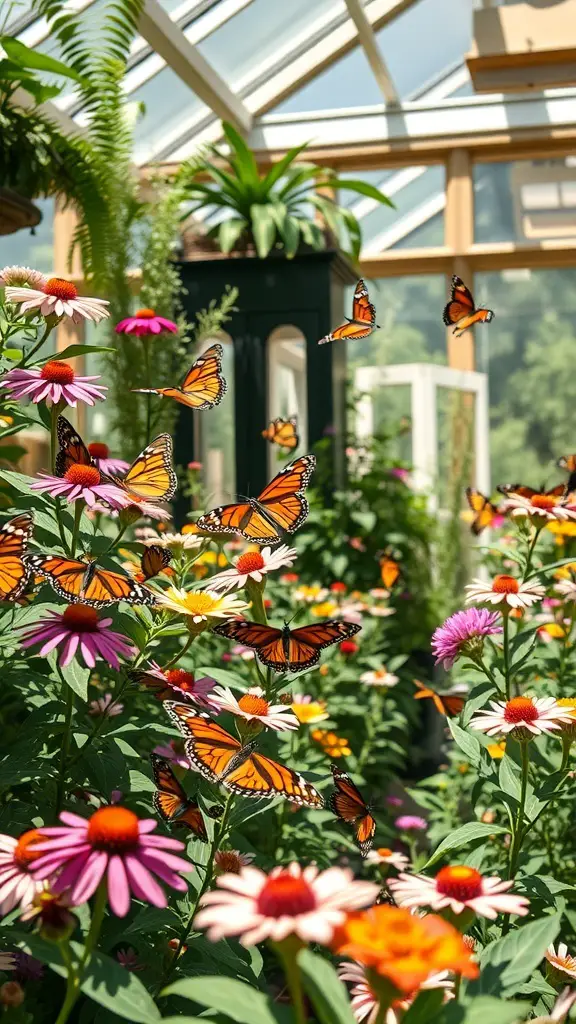 27+ Inspiring Atrium Garden Ideas to Transform Your Space 18 A vibrant atrium garden filled with colorful flowers and butterflies fluttering around.