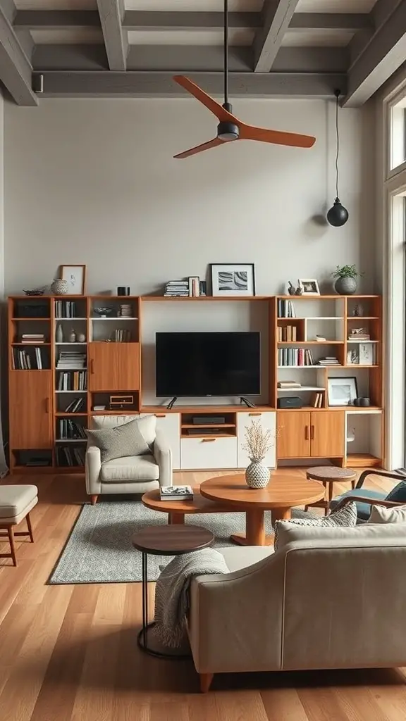 A vintage modern living room featuring innovative storage solutions with wooden shelves and stylish furniture.