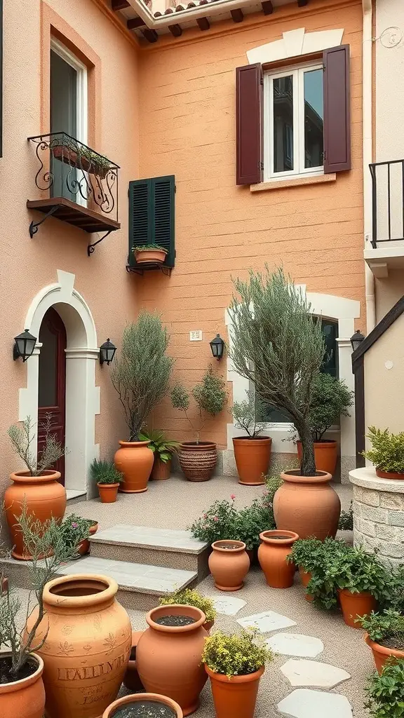 A townhouse garden with terracotta pots and various plants.