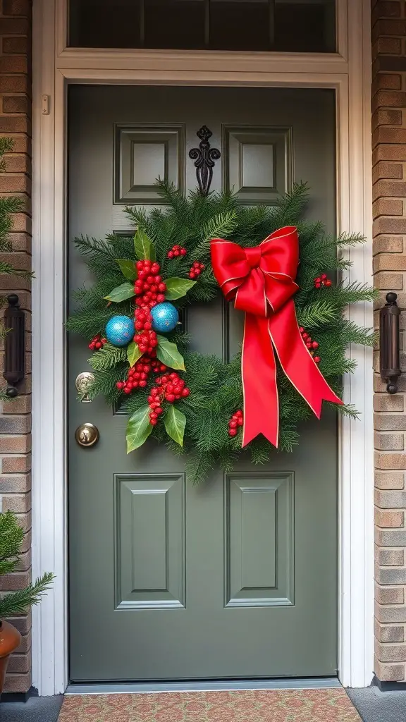 37+ Festive Christmas Room Decor Ideas to Transform Your Space 7 A festive wreath with red berries, blue ornaments, and a large red bow on a green door.