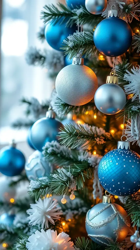 Close-up of a Christmas tree decorated with blue and white ornaments