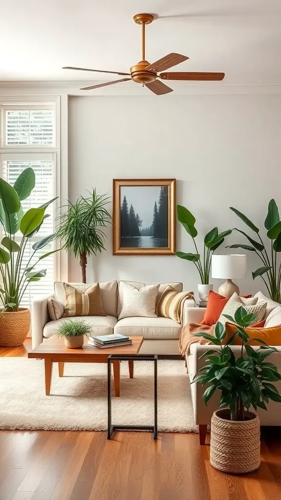 25+ Stunning Ralph Lauren Living Room Ideas for a Classic Makeover 16 A stylish living room featuring a beige sofa, wooden coffee table, and various indoor plants.
