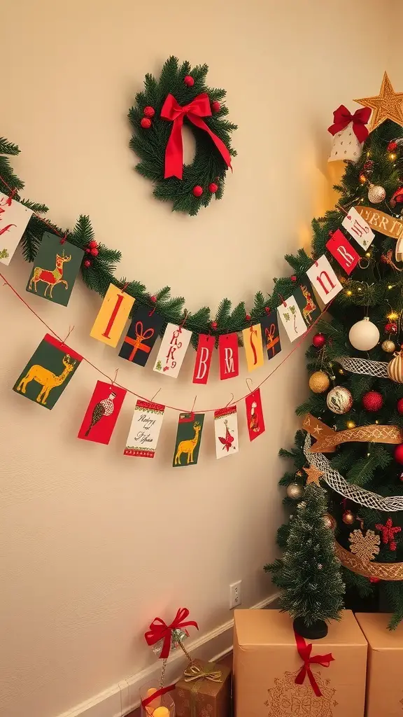 31+ Creative DIY Christmas Decorations You Can Make at Home 21 A festive Christmas card garland displayed on a wall with a wreath and decorated Christmas tree nearby.