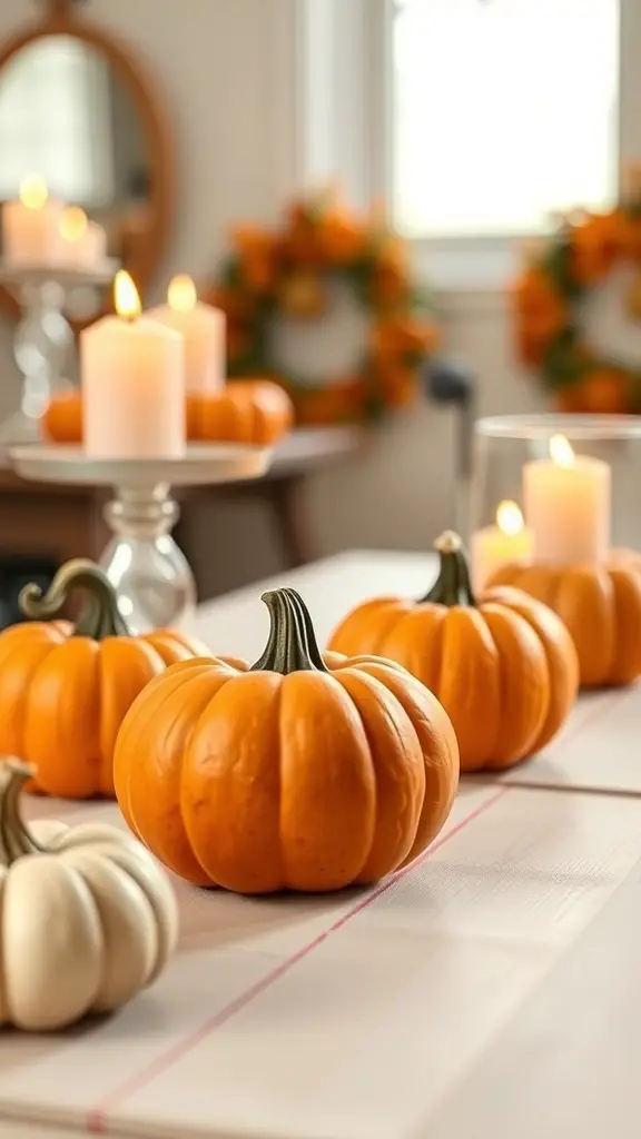 A decorative arrangement of orange and white pumpkins with candles, creating a cozy fall atmosphere.