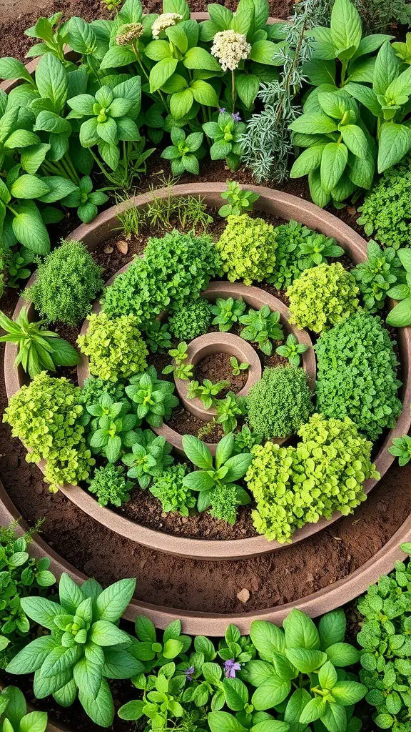 31+ Inspiring Bio Garden Ideas for a Sustainable Backyard 7 A top view of a herb spiral garden design filled with various green herbs.