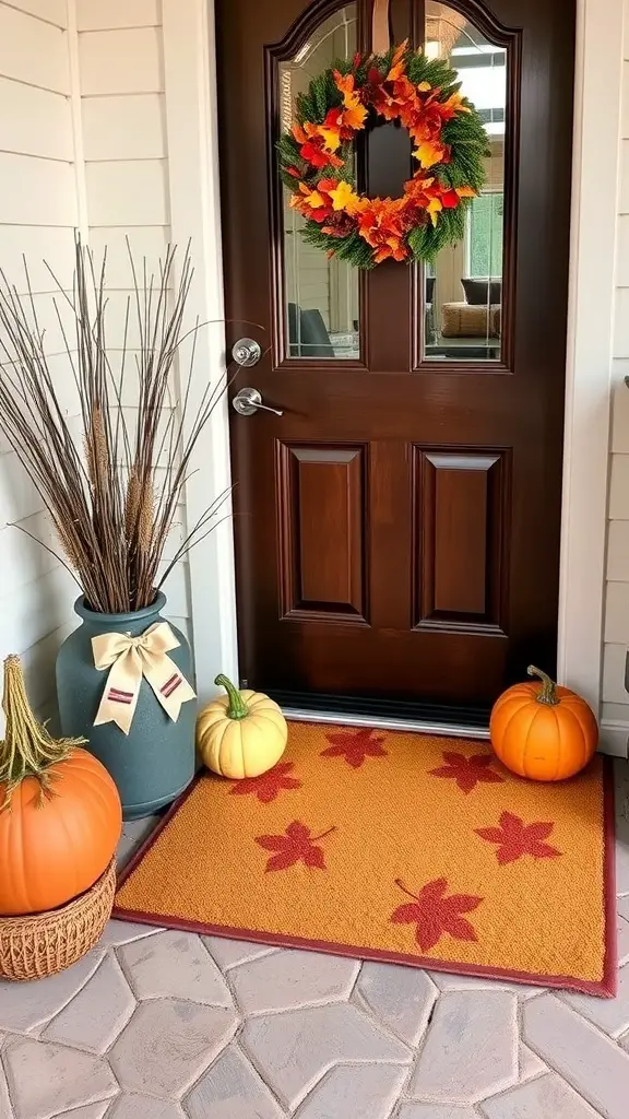 A fall-themed entryway featuring a doormat that says 'Hall Fall', pumpkins, flowers, and a wreath on the door.