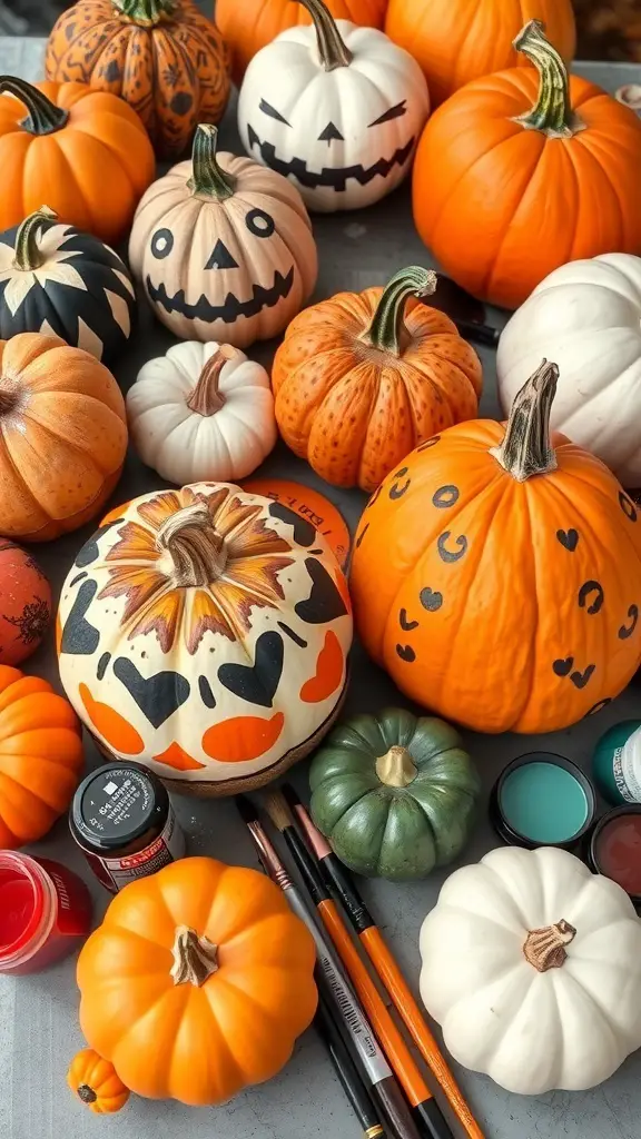 29+ Creative Halloween Craft Ideas to Spookify Your Home 12 A variety of painted pumpkins in different colors and designs, along with painting supplies.