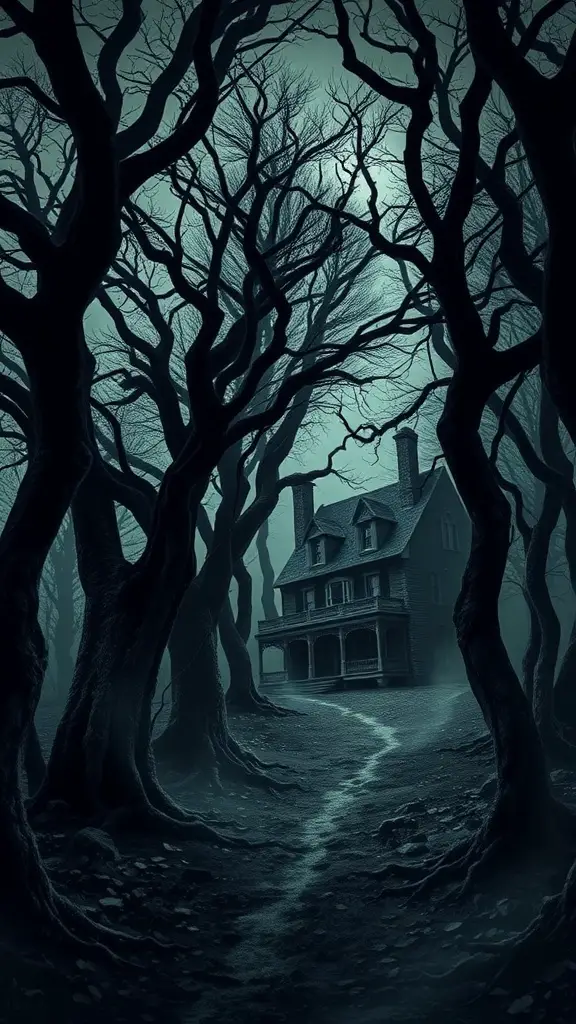 31+ Spooktacular Haunted House Ideas for Your Halloween Festival 11 A misty forest path with bare trees and a shadowy figure in the distance.
