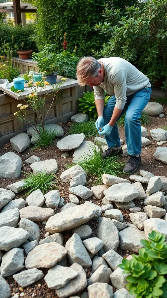 25+ Inspiring Rock Bed Landscaping Ideas for Your Garden 9 A person maintaining a rock bed in a garden, surrounded by plants.