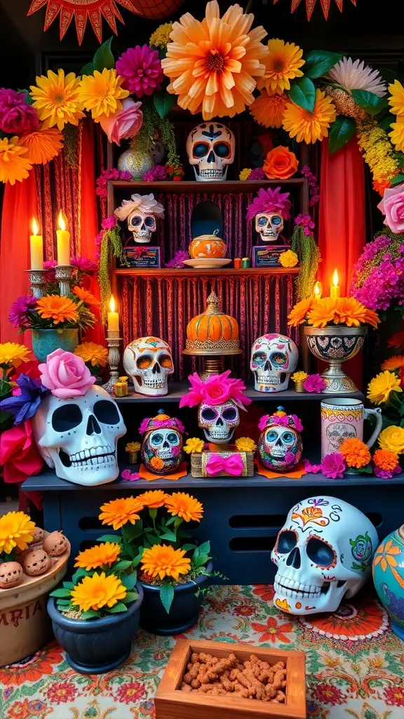 33+ Spooktacular Halloween Party Themes You Need to Try 20 A vibrant Day of the Dead altar with sugar skulls, flowers, and candles.