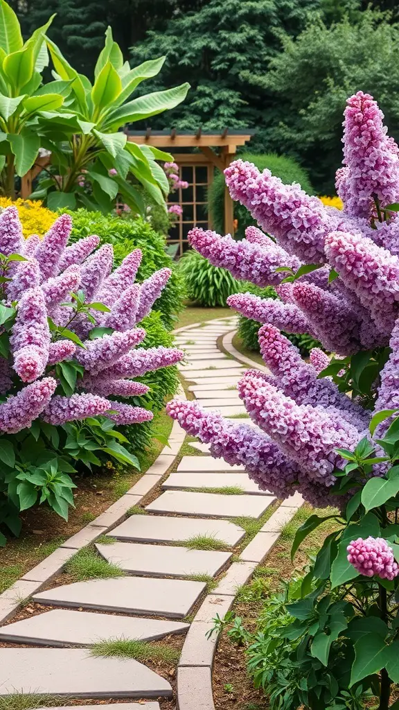 19+ Stunning Lilac Bush Landscaping Ideas for Your Garden 12 A beautiful pathway lined with blooming lilac bushes, leading to a garden area.