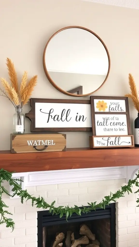 27+ Stunning Fall Mantle Decor Ideas You’ll Love 15 A fall-themed mantle decor with seasonal signs, pumpkins, and a glowing fireplace.