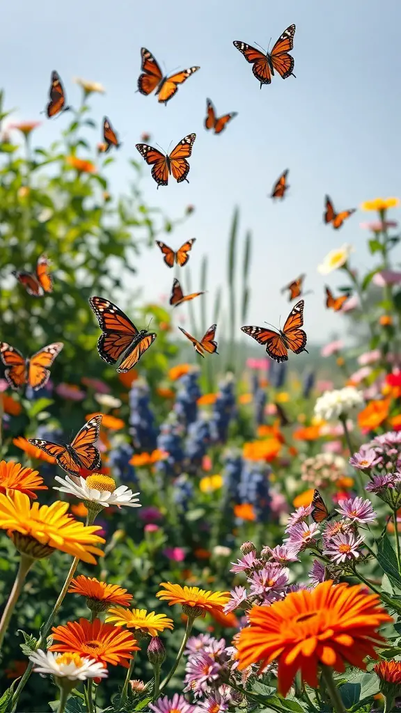 A vibrant butterfly garden filled with colorful flowers and butterflies