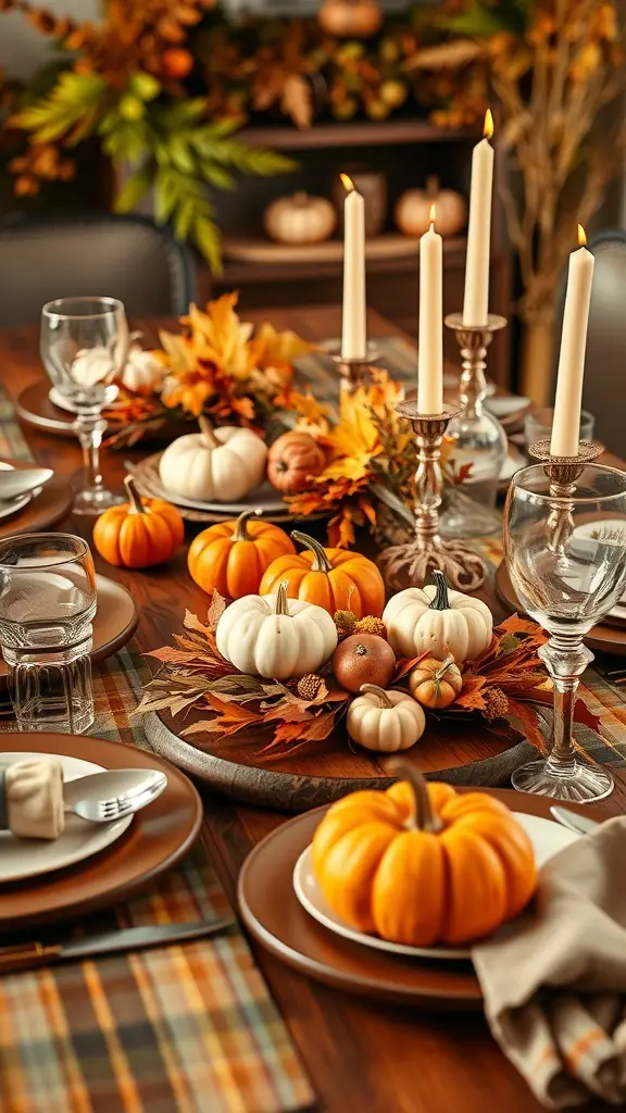 29+ Creative Thanksgiving Party Decorations You Need to Try 10 A beautifully arranged Thanksgiving table featuring pumpkins, candles, and autumn leaves.