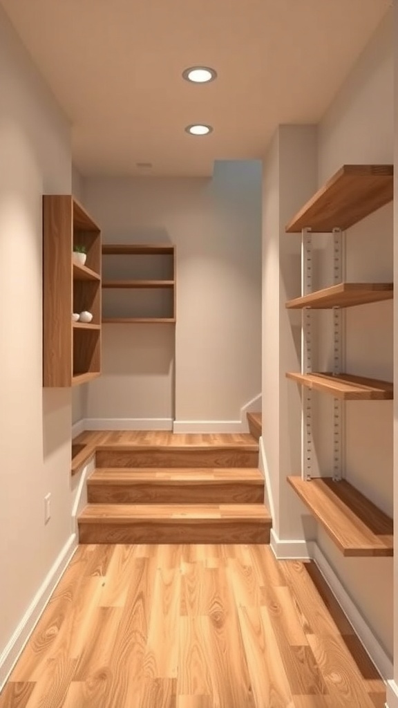 29+ Creative Basement Stairwell Ideas to Transform Your Space 14 A well-organized basement stairwell with wooden shelves and recessed lighting.