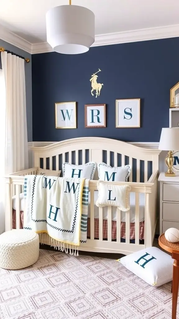 27+ Stunning Ralph Lauren Nursery Ideas for Your Little One 14 A stylish nursery featuring navy blue walls, a crib with personalized pillows, and framed initials.