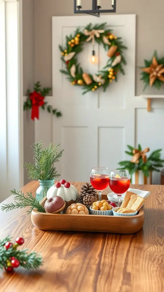 27+ Fall Entry Table Decor Ideas with 17 A wooden serving tray with treats and drinks on a fall entry table, surrounded by festive decorations.