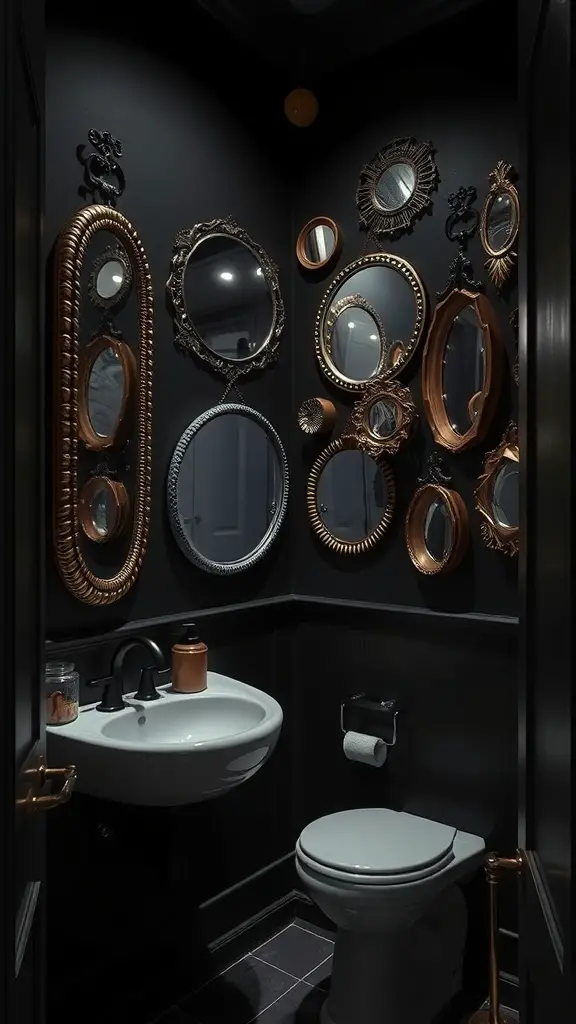 27+ Dark and Moody Powder Room Decor Ideas for a Chic Makeover 6 A dark moody powder room with an artistic arrangement of various mirrors on the walls.