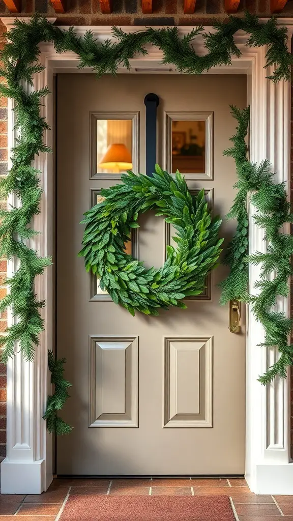 A front door adorned with a green wreath and garlands, creating a festive holiday look.