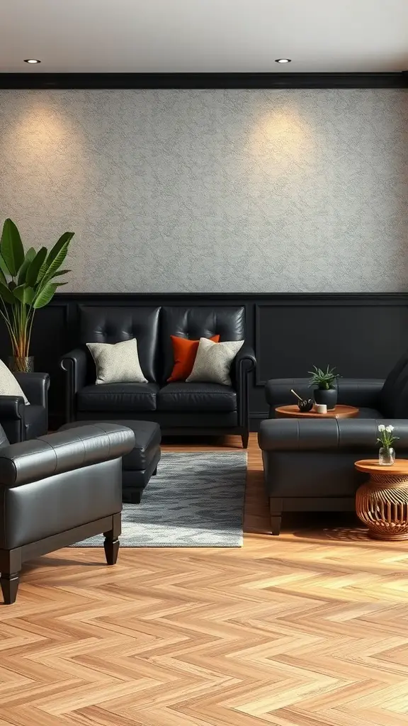 35+ Essential Dark Academia Decor Ideas for a Cozy Aesthetic 9 A cozy dark academia interior featuring classic black leather sofas, decorative pillows, and wooden flooring.