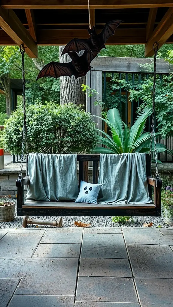 29+ Creative Halloween Porch Ideas to Spookify Your Home 11 A haunted porch swing decorated for Halloween with bats and a ghost pillow.