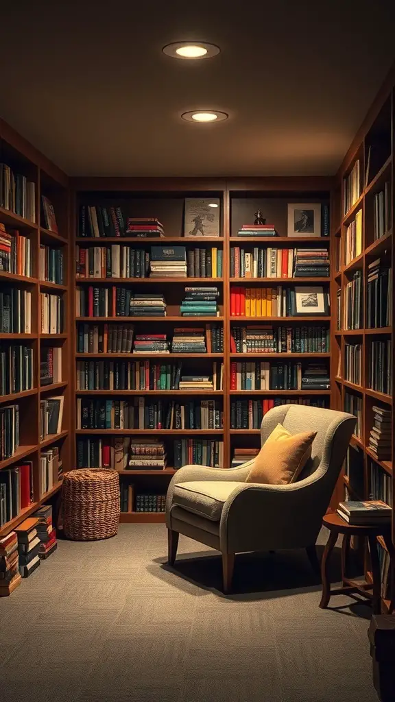 27+ Creative Open Basement Ideas You’ll Love 12 A cozy reading nook with a comfortable chair, bookshelves filled with books, and warm lighting.