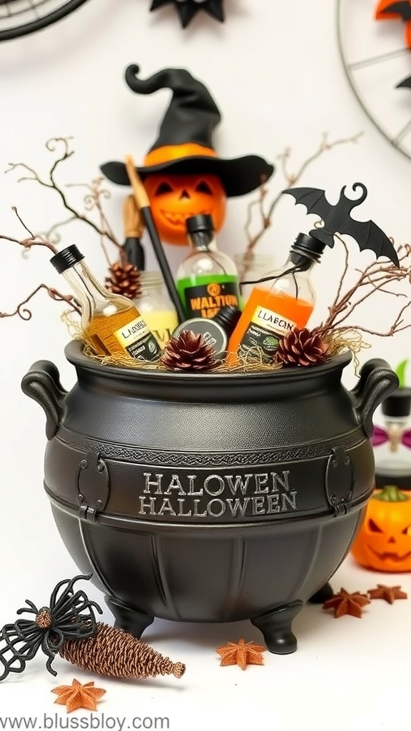 25+ Spooktacular Dollar Tree Halloween Decor Ideas Under $25 15 A black cauldron filled with mini bottles, pinecones, and Halloween decorations, featuring a witch hat and pumpkin in the background.