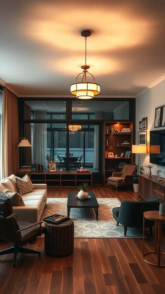 A modern vintage living room with layered lighting, featuring a pendant light, table lamps, and large windows.