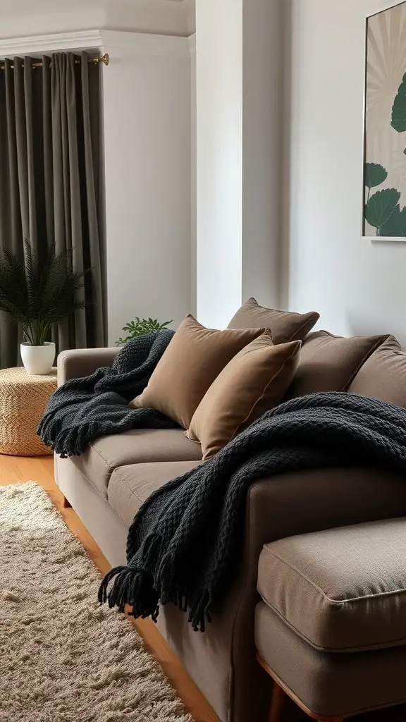 A cozy living room featuring a beige sofa with a dark textured throw and neutral pillows, complemented by a plant and curtains.