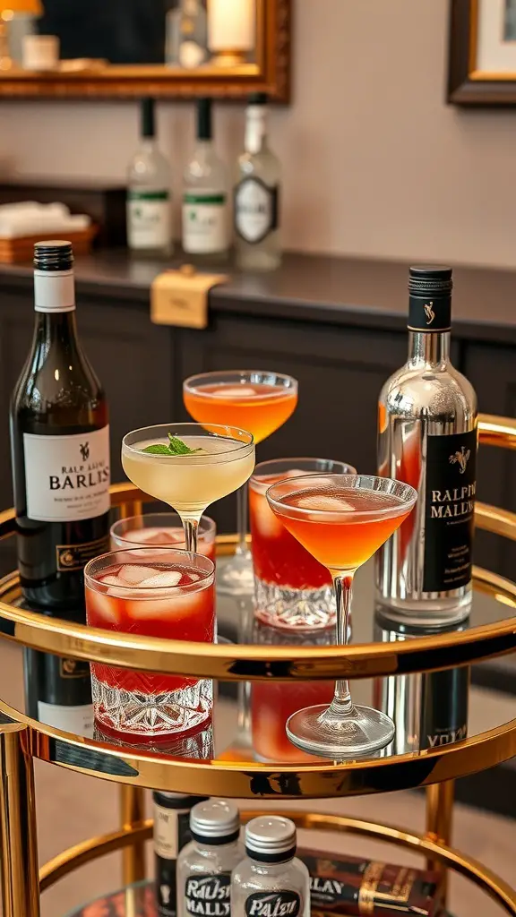 A stylish bar cart with various cocktails and bottles, perfect for entertaining.