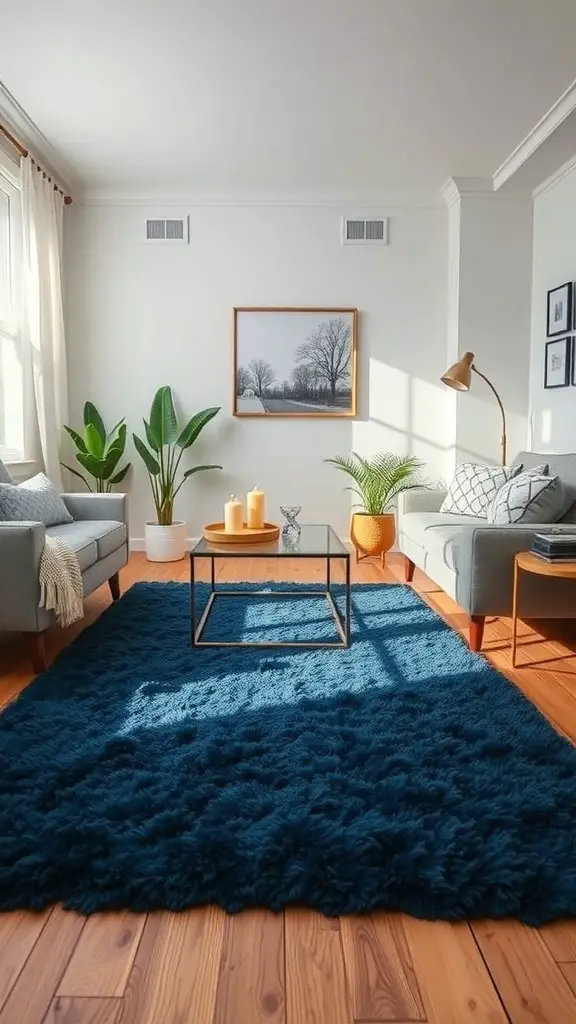 29+ Stunning Navy Blue Living Room Ideas to Transform Your Space 15 Cozy living room featuring a navy blue rug, light furniture, and plants.