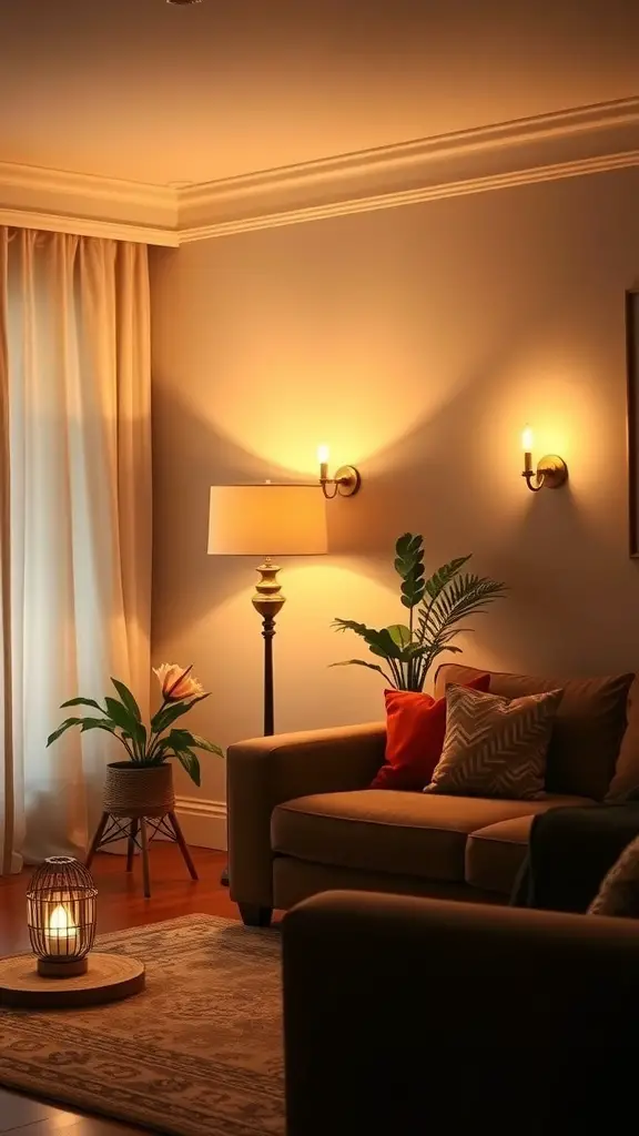 Cozy French country living room with warm lighting fixtures