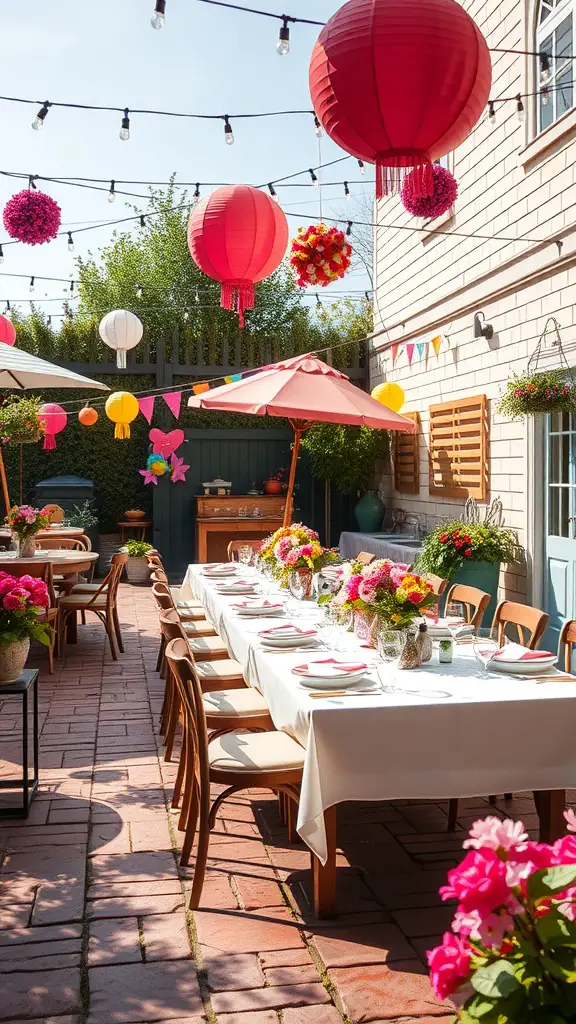 17 Stylish Patio Furniture Layout Ideas for Your Outdoor Space 16 A beautifully arranged garden party with a long table, colorful flowers, and decorative lanterns.