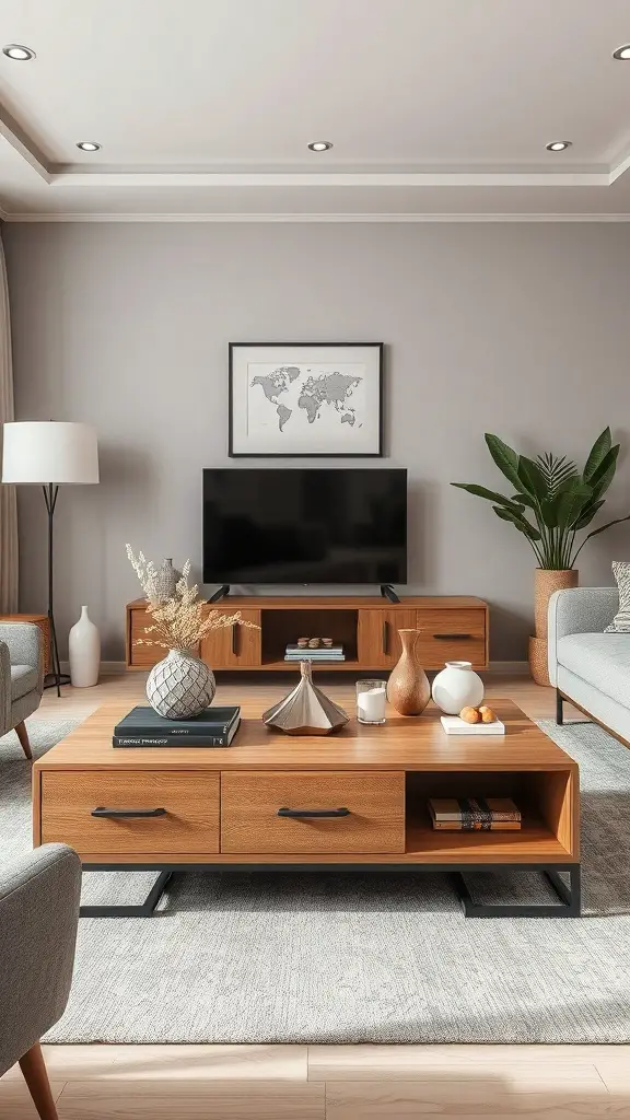 27+ Stunning Ideas for a Neutral and Blue Living Room Decor 13 A stylish coffee table in a neutral and blue living room, featuring wooden design and storage options.