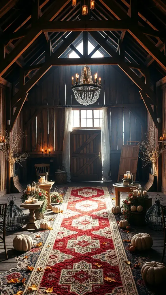 A rustic wedding venue with wooden beams, a chandelier, and autumn decorations.