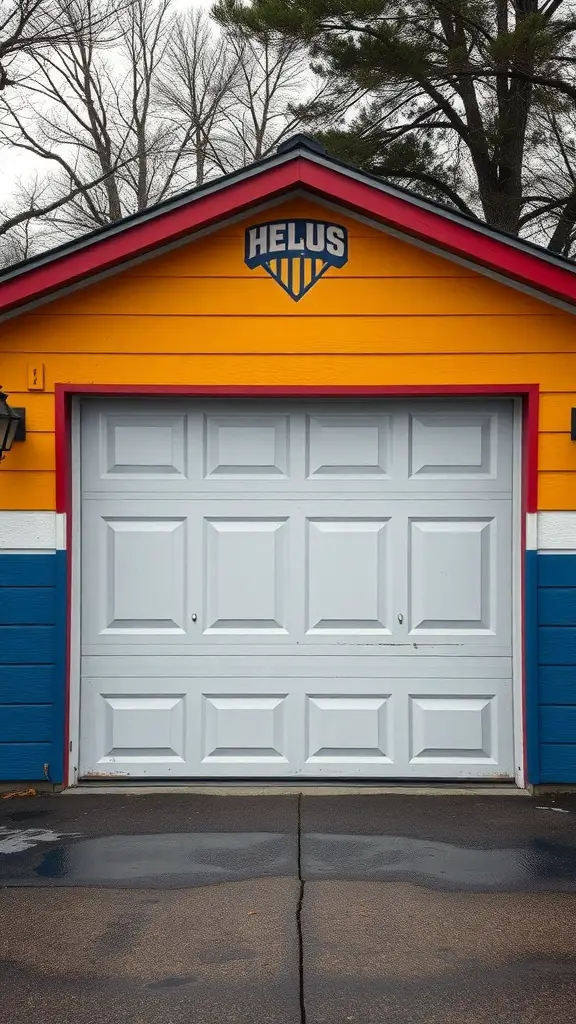 A brightly painted garage in yellow and blue with a logo on top