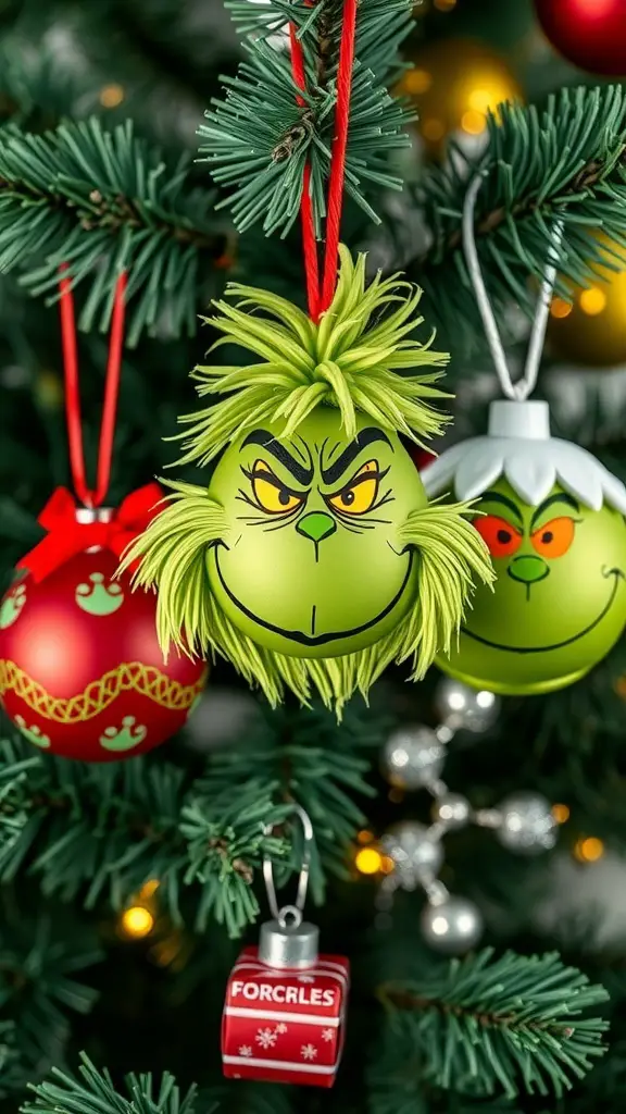 29+ Creative Dollar Tree Grinch Ideas to Spread Holiday Cheer 12 Colorful Grinch ornaments hanging on a Christmas tree