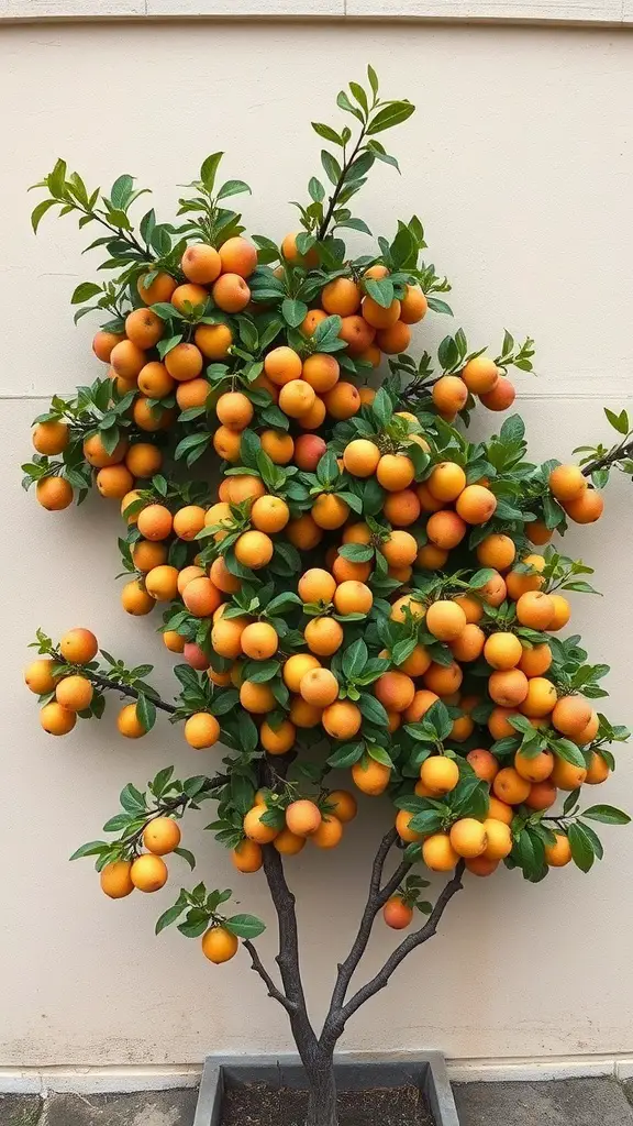 A vibrant orange tree trained in an espalier style, full of ripe fruit against a wall.