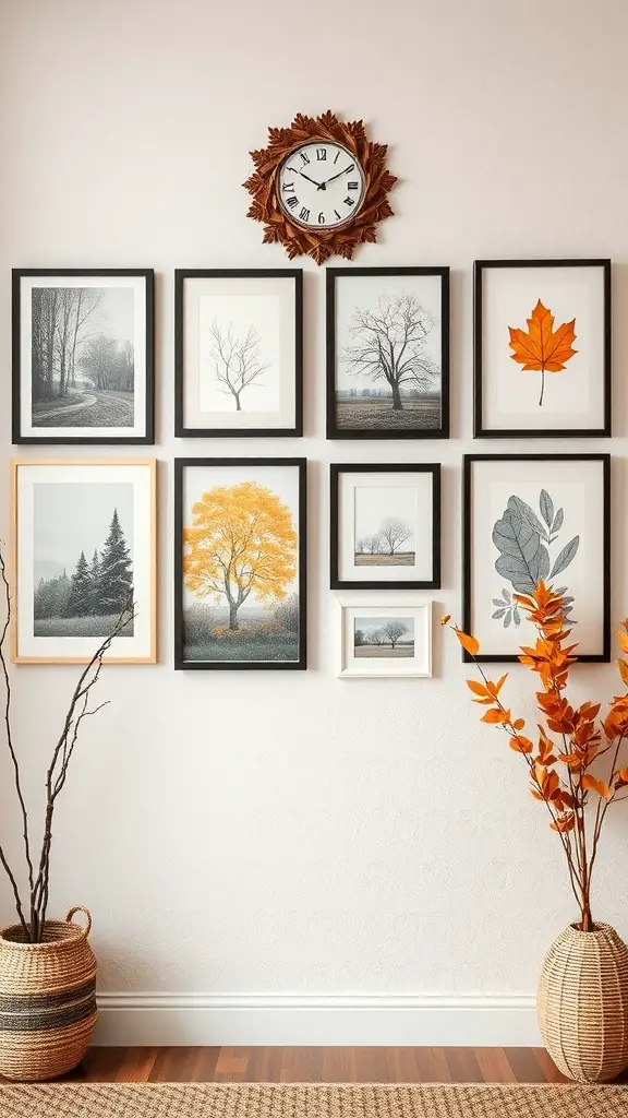 41+ Inspiring Gallery Wall Ideas for Your Living Room 16 Gallery wall with autumn-themed artwork and a clock