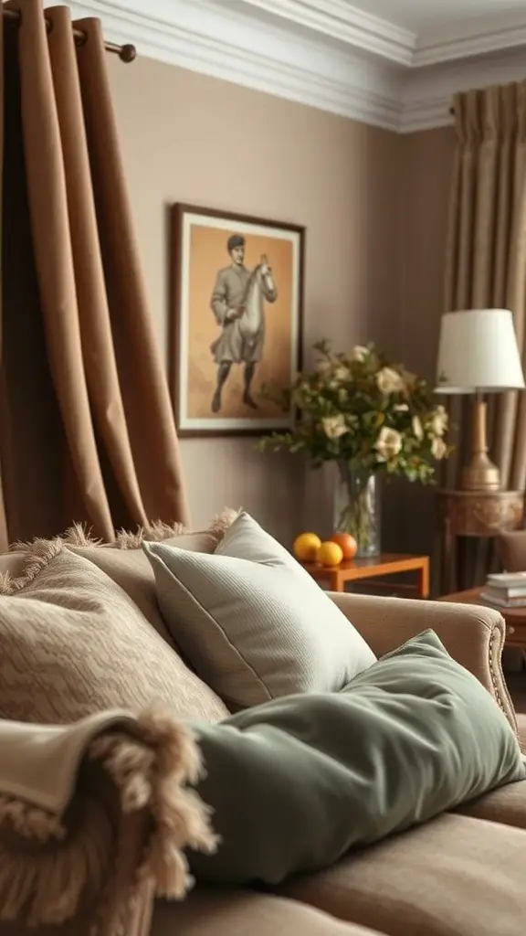 Cozy living space with layered textures, featuring a sofa with various pillows, warm curtains, and floral arrangement.