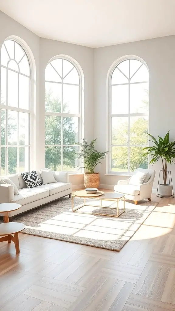 29+ Modern Cottage Living Room Ideas You’ll Love 13 A bright and airy modern cottage living room with large windows, a cozy sofa, and plants.