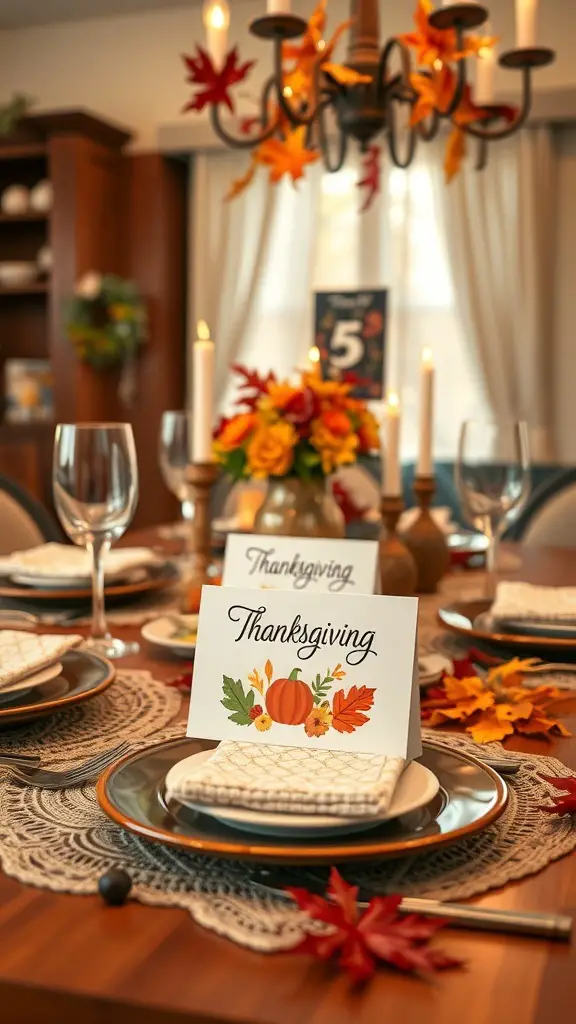 Thanksgiving-themed place cards on a beautifully set table with autumn decorations.